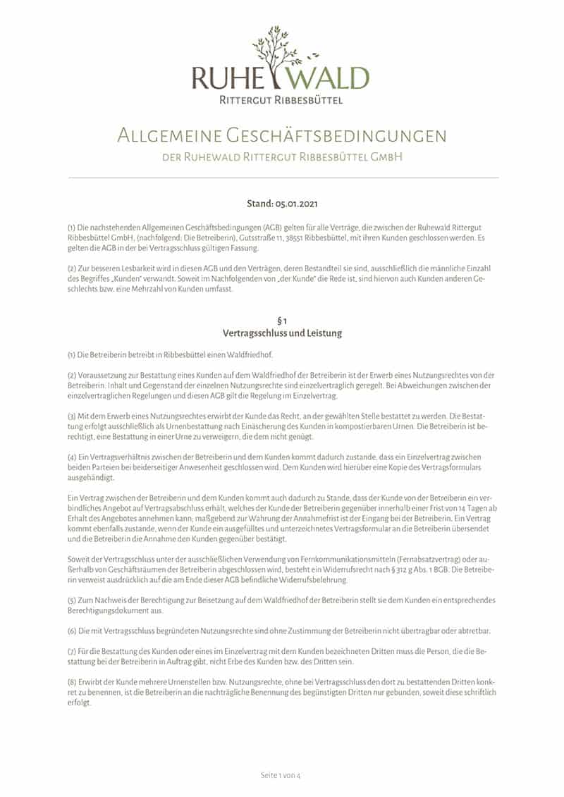 Allgemeine Geschäftsbedingungen Ruhewald Rittergut Ribbesbüttel